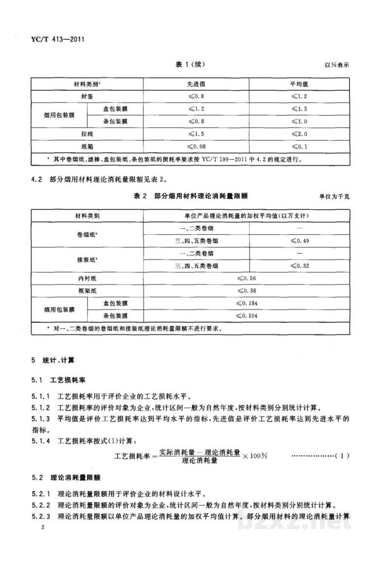 YC/T 413-2011烟用材料消耗限额 YC/T 413-2011烟用材料消耗限额