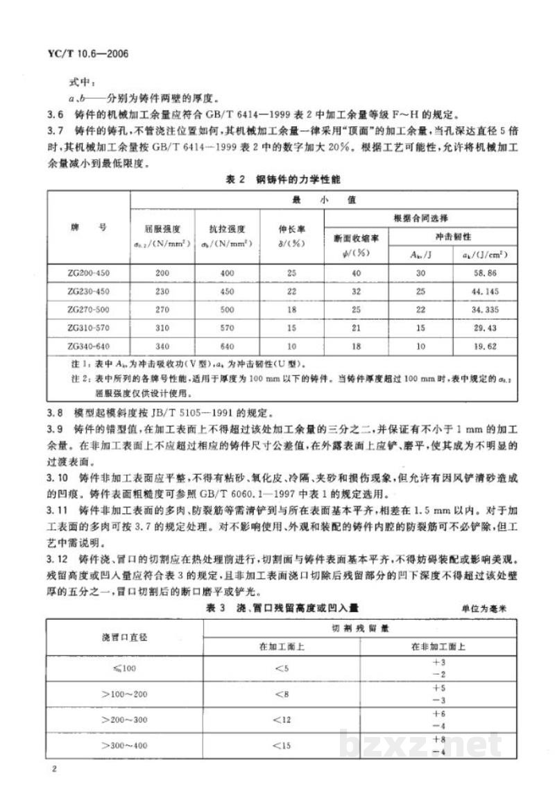 YC/T 10.6-2006烟草机械 通用技术条件 第6部分:铸造碳钢件 YC/T 10.6-2006烟草机械 通用技术条件 第6部分:铸造碳钢件