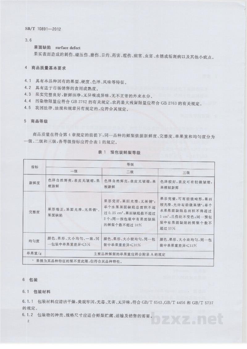 SB/T 10891-2012预包装鲜梨流通规范 SB/T 10891-2012预包装鲜梨流通规范
