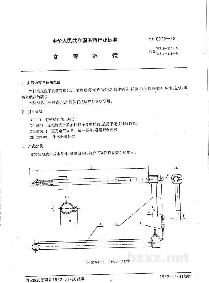 YY 0070-1992食管窥镜 YY 0070-1992食管窥镜