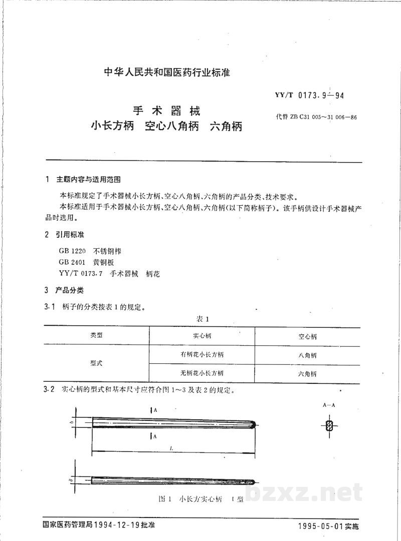 YY/T 0173.9-1994手术器械  小长方柄  空心八角柄  六角柄 