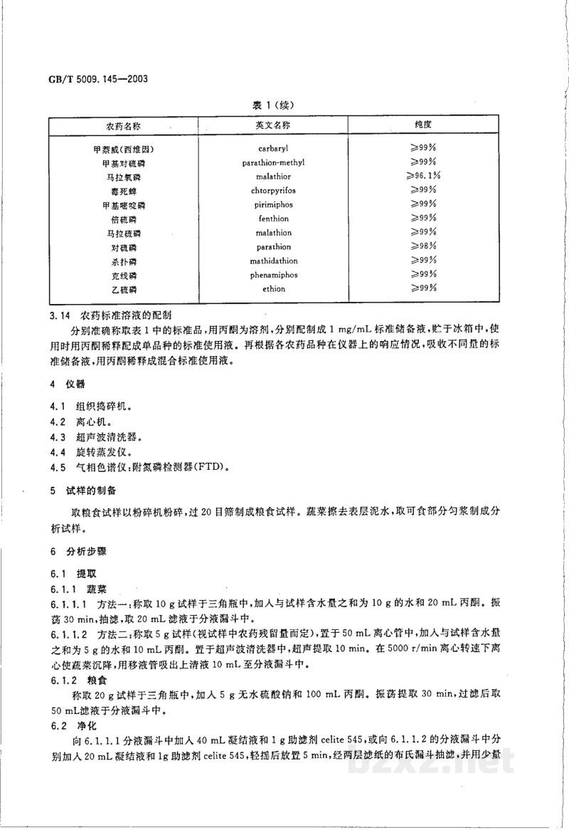 GB/T 5009.145-2003植物性食品中有机磷和氨基甲酸脂类农药多种残留的测定 GB/T 5009.145-2003植物性食品中有机磷和氨基甲酸脂类农药多种残留的测定