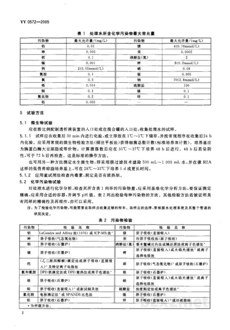 YY 0572-2005血液透析和相关治疗用水 YY 0572-2005血液透析和相关治疗用水