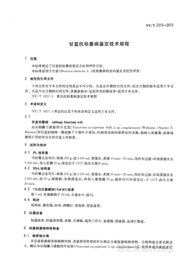 NY/T 2313-2013甘蓝抗枯萎病鉴定技术规程 NY/T 2313-2013甘蓝抗枯萎病鉴定技术规程