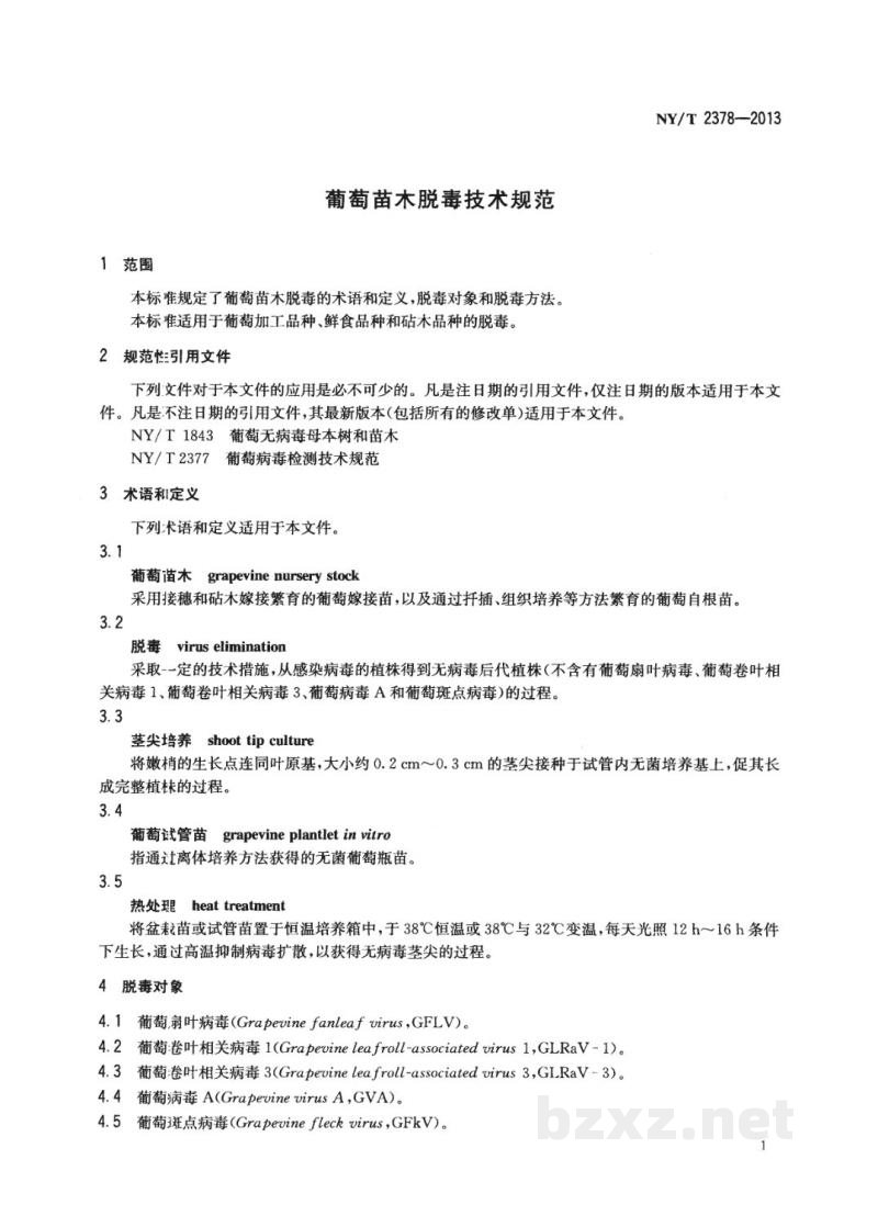 NY/T 2378-2013葡萄苗木脱毒技术规范 NY/T 2378-2013葡萄苗木脱毒技术规范